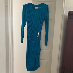 Cache Teal Long Sleeve Draped Dress